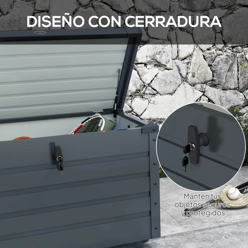 Outsunny Arcón Exterior Capacidad 295L, Baúl de Almacenaje de Acero Galvanizado con 4 Ruedas, 2 Asas y Tapa con Cerradura, Impermeable, para Jardín, Terraza, Patio, 100x62x65 cm, Gris Oscuro