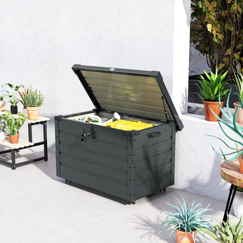 Outsunny Arcón Exterior Capacidad 295L, Baúl de Almacenaje de Acero Galvanizado con 4 Ruedas, 2 Asas y Tapa con Cerradura, Impermeable, para Jardín, Terraza, Patio, 100x62x65 cm, Gris Oscuro