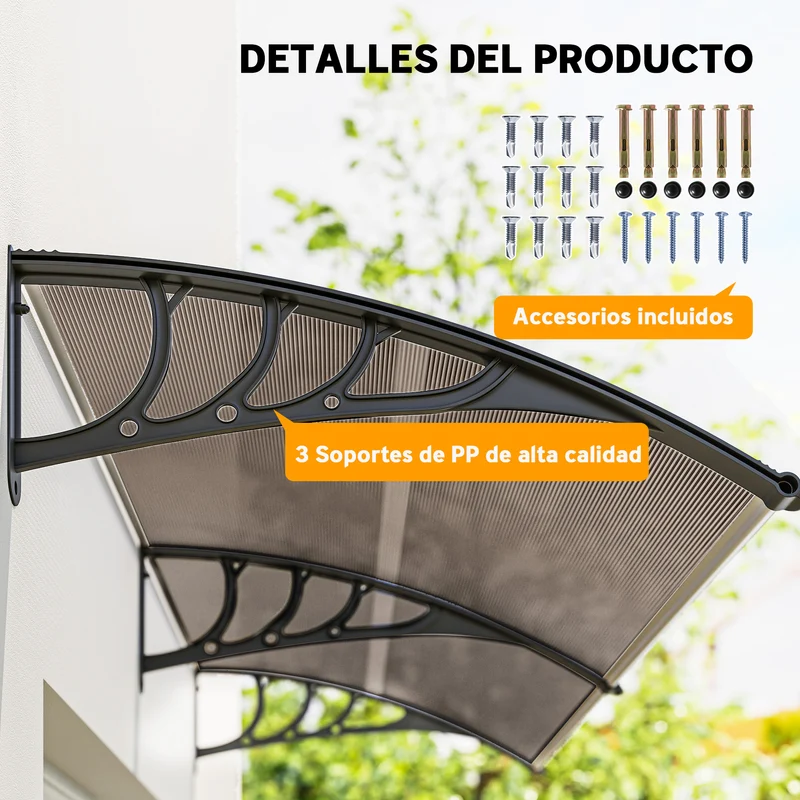 Outsunny Marquesinas Exterior para Puertas y Ventanas, 195x75 cm, Tejadillo de Protección contra Sol y Lluvia, con Cubierta de Policarbonato, Soporte de Aleación de Aluminio, Marrón