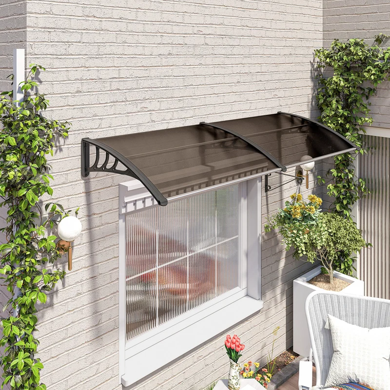Outsunny Marquesinas Exterior para Puertas y Ventanas, 195x75 cm, Tejadillo de Protección contra Sol y Lluvia, con Cubierta de Policarbonato, Soporte de Aleación de Aluminio, Marrón