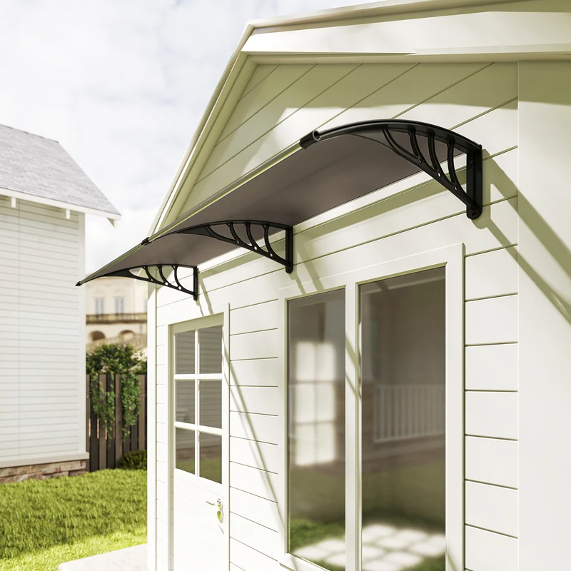 Outsunny Marquesinas Exterior para Puertas y Ventanas, 195x75 cm, Tejadillo de Protección contra Sol y Lluvia, con Cubierta de Policarbonato, Soporte de Aleación de Aluminio, Marrón