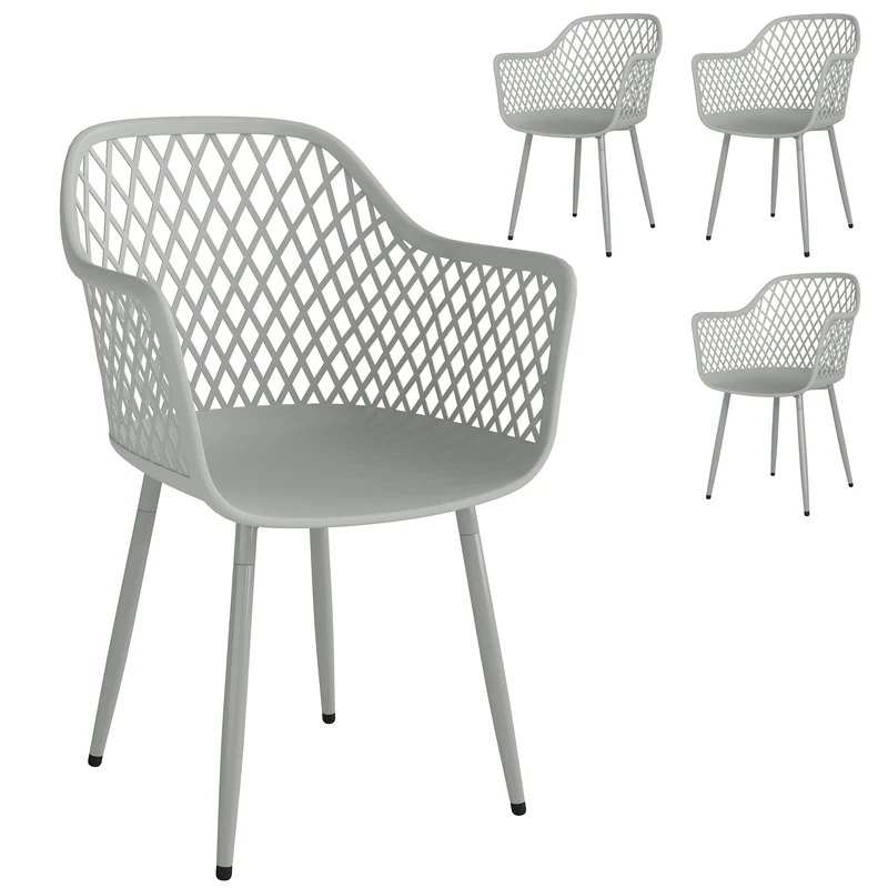 Outsunny Juego de 4 Sillas de Jardín Exterior, Sillas Terraza Exterior con Respaldo Diamante, Asiento de PP Anti-UV, Reposabrazos y Patas Metálicas, para Terraza, Balcón, 56x51x84 cm, Gris