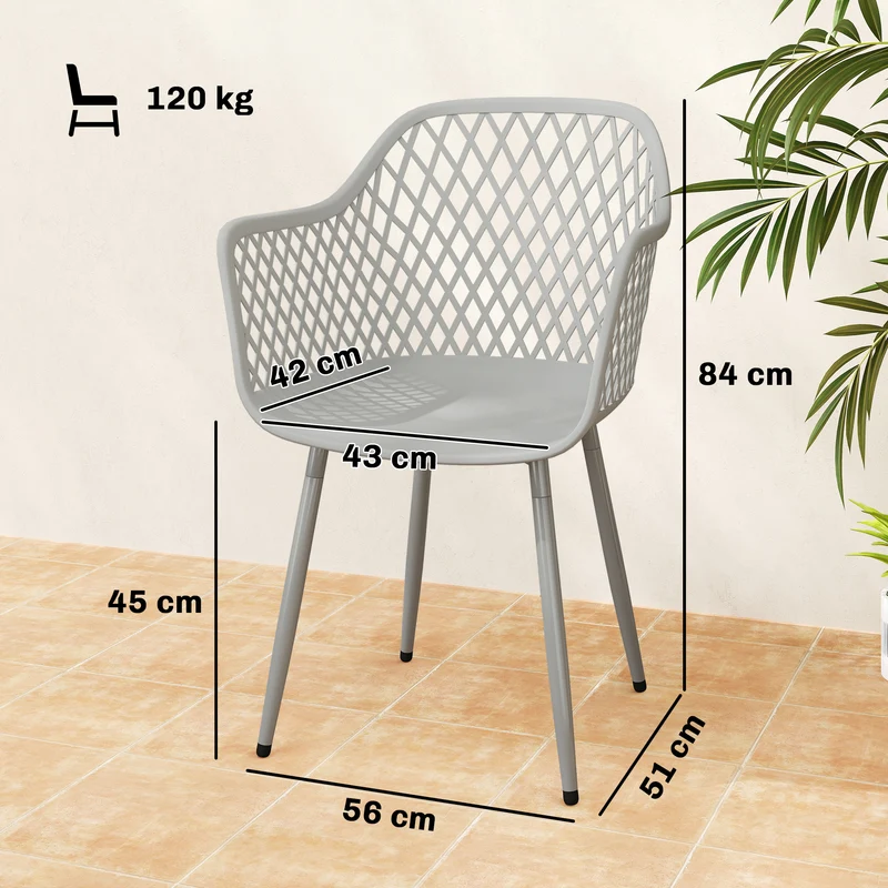 Outsunny Juego de 4 Sillas de Jardín Exterior, Sillas Terraza Exterior con Respaldo Diamante, Asiento de PP Anti-UV, Reposabrazos y Patas Metálicas, para Terraza, Balcón, 56x51x84 cm, Gris