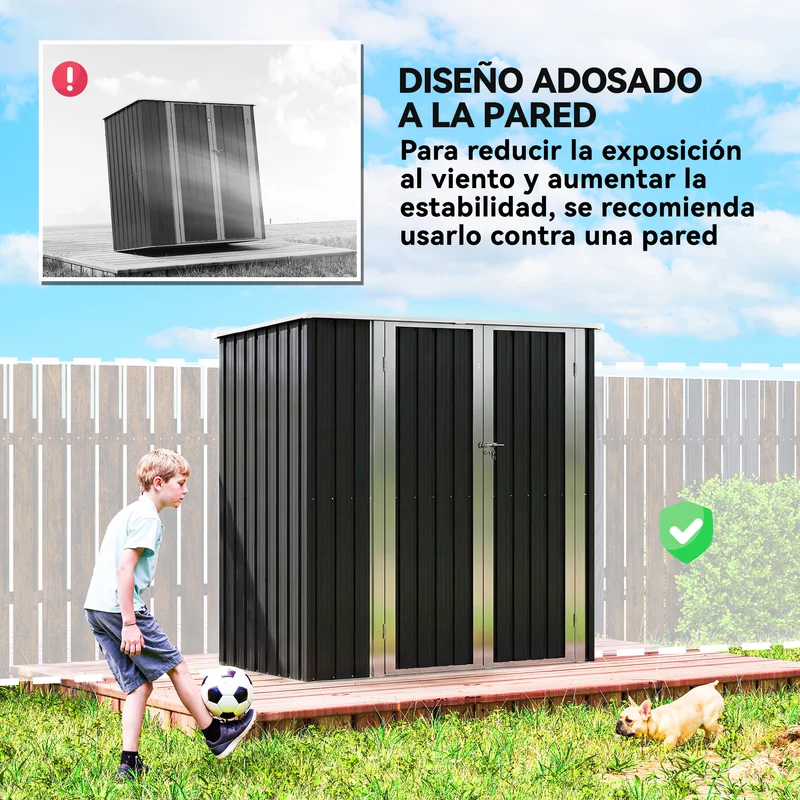 Outsunny Caseta de Jardín Exterior 1,37 m², 163x89x163 cm, Cobertizo de Jardín Exterior Metálico con Techo Inclinado, Puertas con Pestillo y Guantes para Almacenamiento de Herramientas, Gris Oscuro