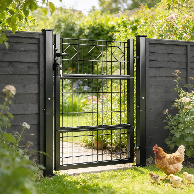 Outsunny Puerta de Jardín 100x131 cm, Puerta para Valla de Barra de Metal Galvanizado con Manilla, Cerradura, 3 Llaves y 2 Postes, para Entrada de Exterior, Terraza, Patio, Gris Oscuro