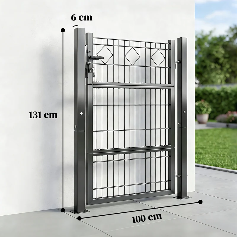 Outsunny Puerta de Jardín 100x131 cm, Puerta para Valla de Barra de Metal Galvanizado con Manilla, Cerradura, 3 Llaves y 2 Postes, para Entrada de Exterior, Terraza, Patio, Gris Oscuro