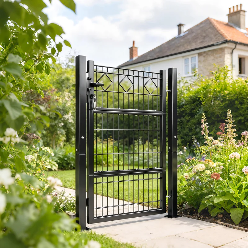 Outsunny Puerta de Jardín 100x131 cm, Puerta para Valla de Barra de Metal Galvanizado con Manilla, Cerradura, 3 Llaves y 2 Postes, para Entrada de Exterior, Terraza, Patio, Gris Oscuro