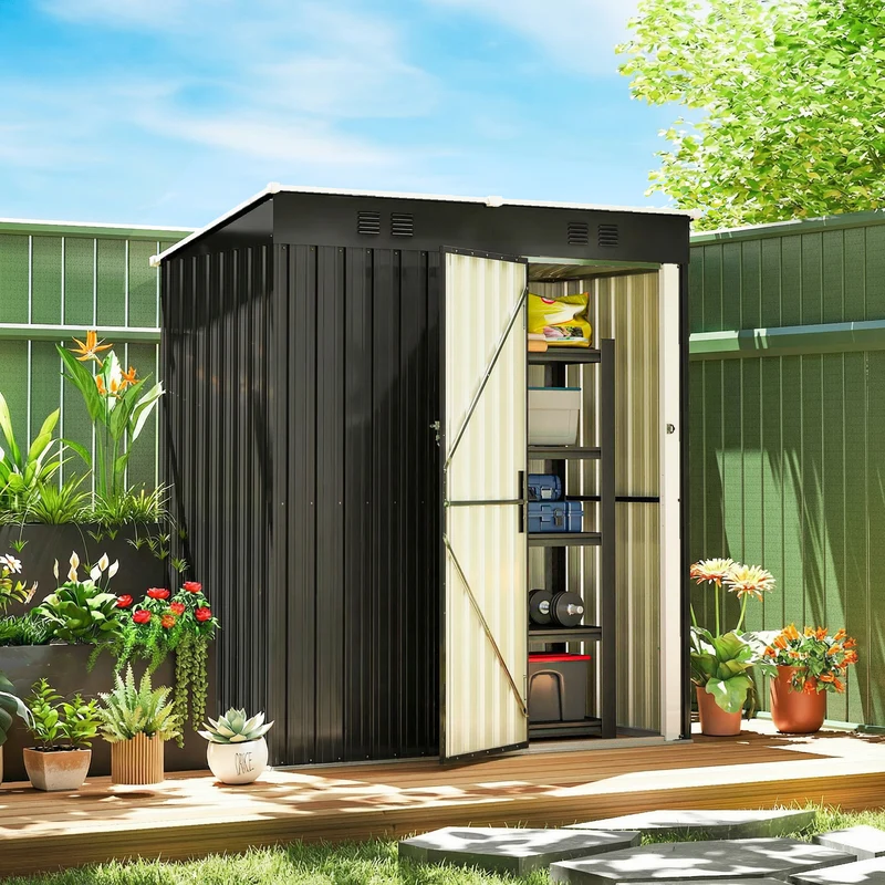 Outsunny Caseta de Jardín Exterior 1,37 m², 163x90x179 cm, Cobertizo de Jardín Exterior Metálico con Puerta con Pestillo y Ranuras de Ventilación, para Almacenamiento de Herramientas, Gris Oscuro