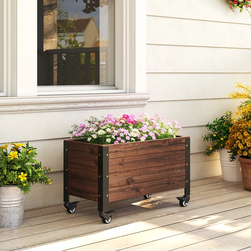 Outsunny Jardinera Exterior de Madera con Ruedas, Huerto Urbano Elevado con Orificio de Drenaje y Tela no Tejida, Macetero Exterior Rectangular para Jardín, Terraza, 60x30x41 cm, Marrón Oscuro