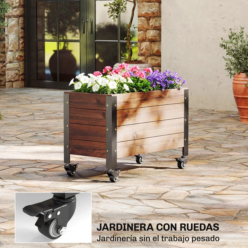 Outsunny Jardinera Exterior de Madera con Ruedas, Huerto Urbano Elevado con Orificio de Drenaje y Tela no Tejida, Macetero Exterior Rectangular para Jardín, Terraza, 60x30x41 cm, Marrón Oscuro