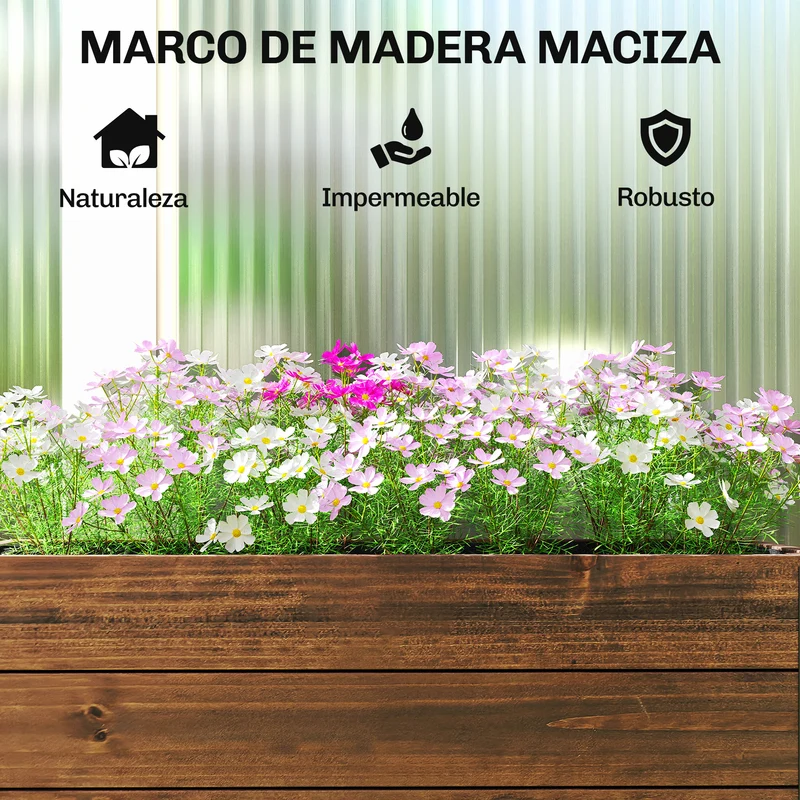 Outsunny Jardinera Exterior de Madera con Ruedas, Huerto Urbano Elevado con Orificio de Drenaje y Tela no Tejida, Macetero Exterior Rectangular para Jardín, Terraza, 60x30x41 cm, Marrón Oscuro