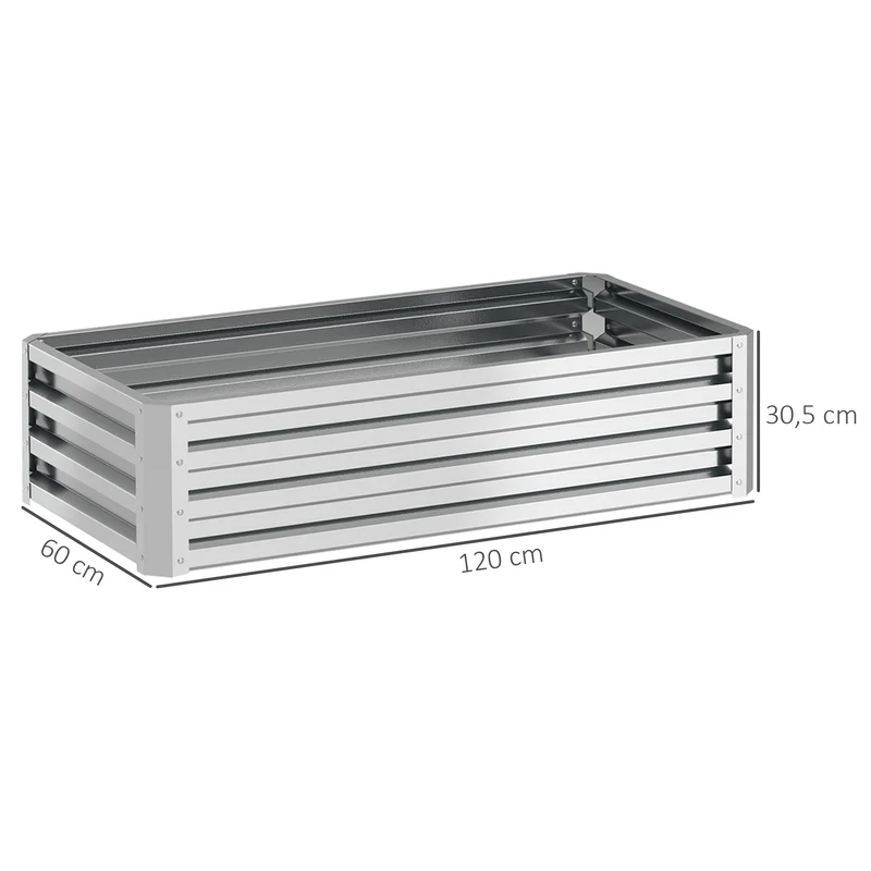 Outsunny Jardinera Exterior Grande de Acero Galvanizado, Huerto Urbano Elevado para Cultivar Plantas, Flores, Hierba, Macetero Exterior Rectangular con Fondo Abierto, 120x60x30,5 cm, Plata