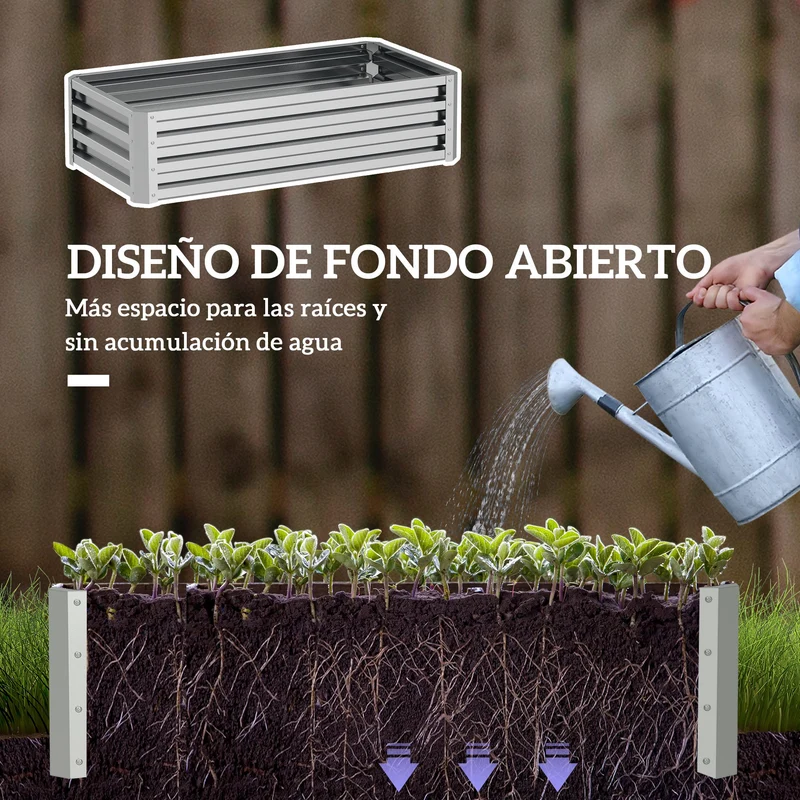 Outsunny Jardinera Exterior Grande de Acero Galvanizado, Huerto Urbano Elevado para Cultivar Plantas, Flores, Hierba, Macetero Exterior Rectangular con Fondo Abierto, 120x60x30,5 cm, Plata