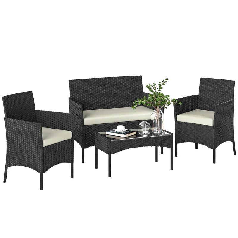 Conjunto jardín ratán 5 piezas – 2 esquineros, sillón, reposapiés y mesa centro, cojines incluidos, verde oscuro | Outsunny