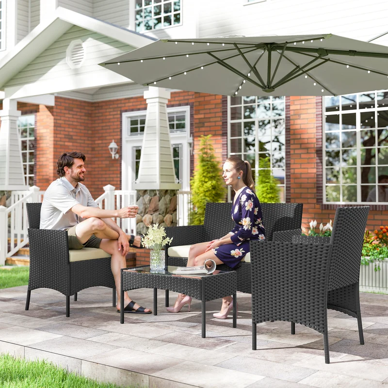 Conjunto jardín ratán 5 piezas – 2 esquineros, sillón, reposapiés y mesa centro, cojines incluidos, verde oscuro | Outsunny