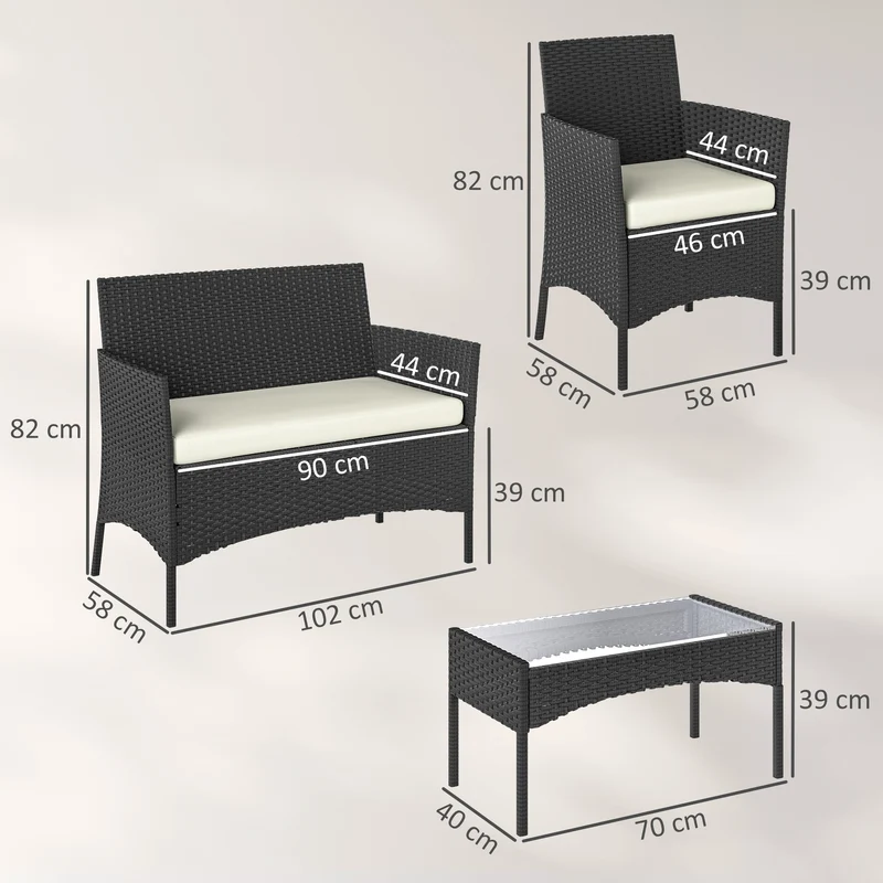Conjunto jardín ratán 5 piezas – 2 esquineros, sillón, reposapiés y mesa centro, cojines incluidos, verde oscuro | Outsunny