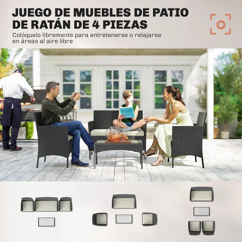 Conjunto jardín ratán 5 piezas – 2 esquineros, sillón, reposapiés y mesa centro, cojines incluidos, verde oscuro | Outsunny