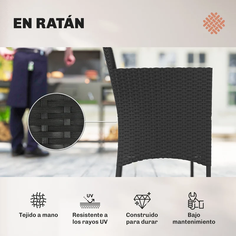 Conjunto jardín ratán 5 piezas – 2 esquineros, sillón, reposapiés y mesa centro, cojines incluidos, verde oscuro | Outsunny