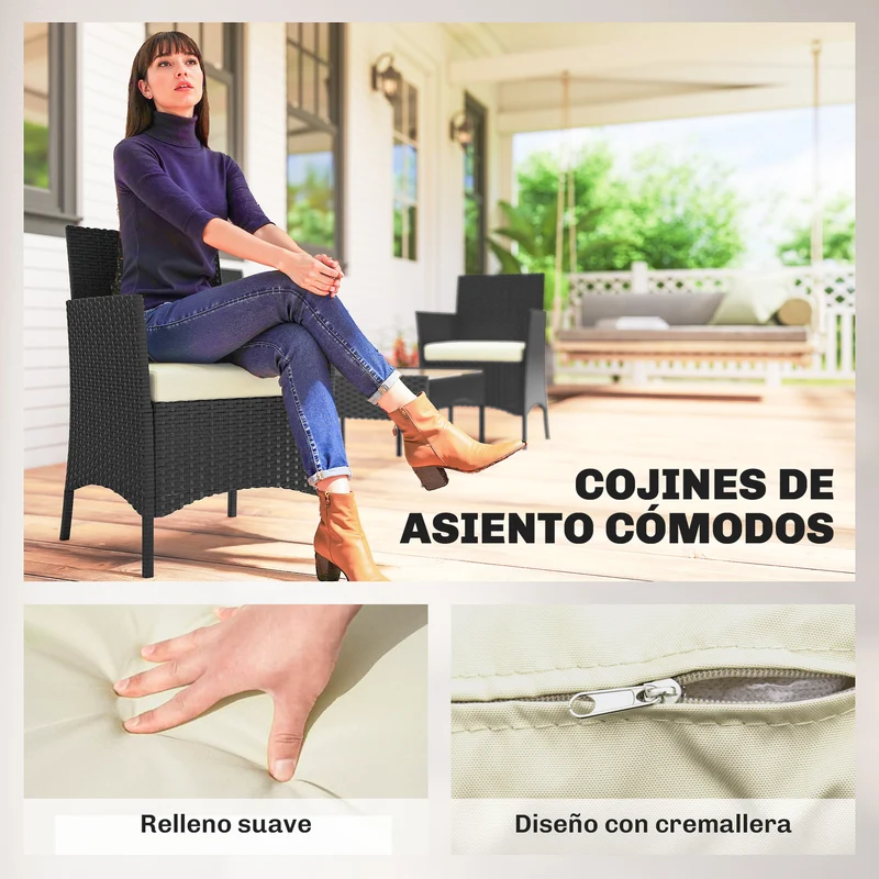 Conjunto jardín ratán 5 piezas – 2 esquineros, sillón, reposapiés y mesa centro, cojines incluidos, verde oscuro | Outsunny