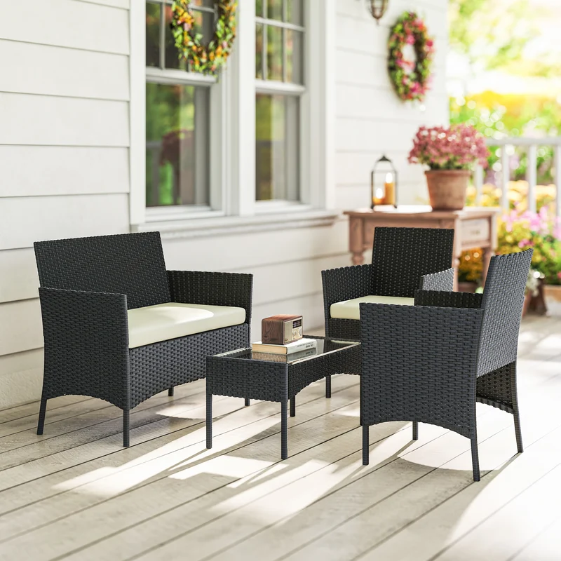Conjunto jardín ratán 5 piezas – 2 esquineros, sillón, reposapiés y mesa centro, cojines incluidos, verde oscuro | Outsunny