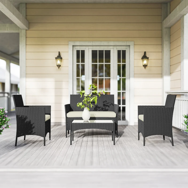 Conjunto jardín ratán 5 piezas – 2 esquineros, sillón, reposapiés y mesa centro, cojines incluidos, verde oscuro | Outsunny