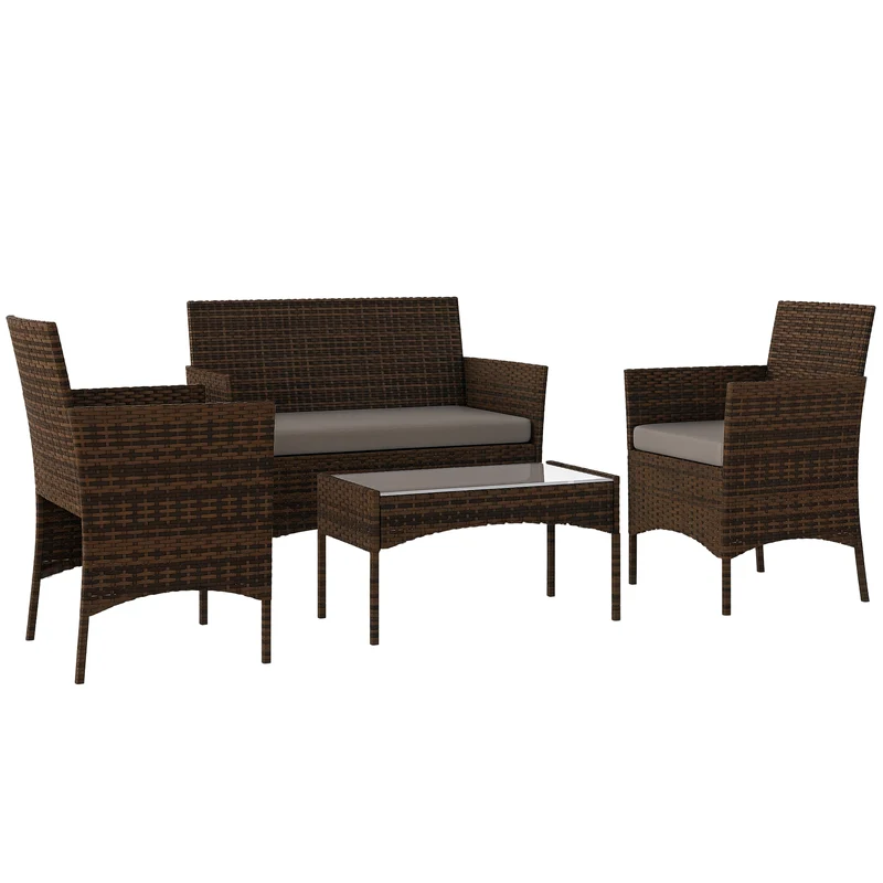 Outsunny Conjunto Jardín Exterior de Ratán con Cojines Conjunto Terraza Resistente a la Intemperie Muebles Jardín Exterior con 2 Sillones Sofá de 2 Plazas Mesa con Cristal Marrón y Gris