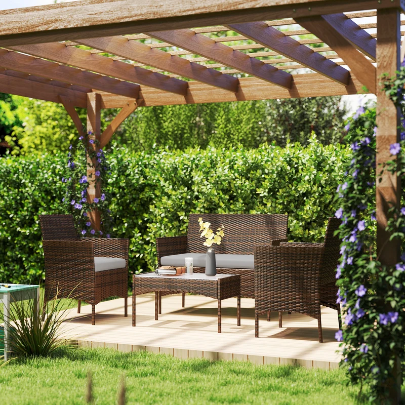 Outsunny Conjunto Jardín Exterior de Ratán con Cojines Conjunto Terraza Resistente a la Intemperie Muebles Jardín Exterior con 2 Sillones Sofá de 2 Plazas Mesa con Cristal Marrón y Gris