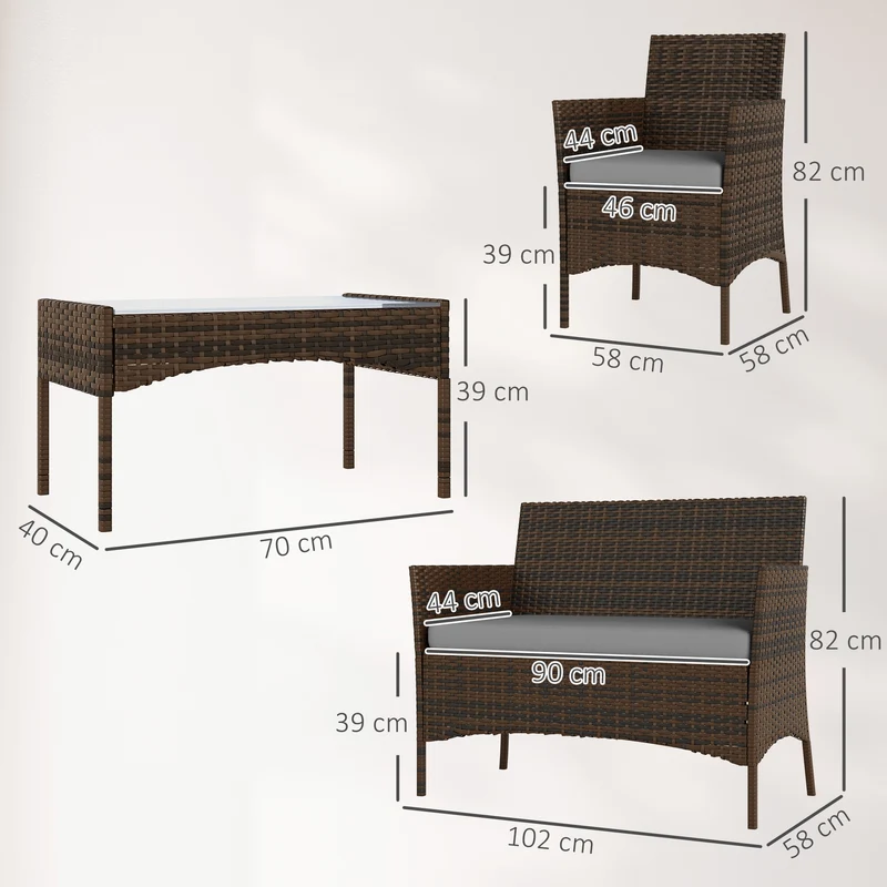 Outsunny Conjunto Jardín Exterior de Ratán con Cojines Conjunto Terraza Resistente a la Intemperie Muebles Jardín Exterior con 2 Sillones Sofá de 2 Plazas Mesa con Cristal Marrón y Gris