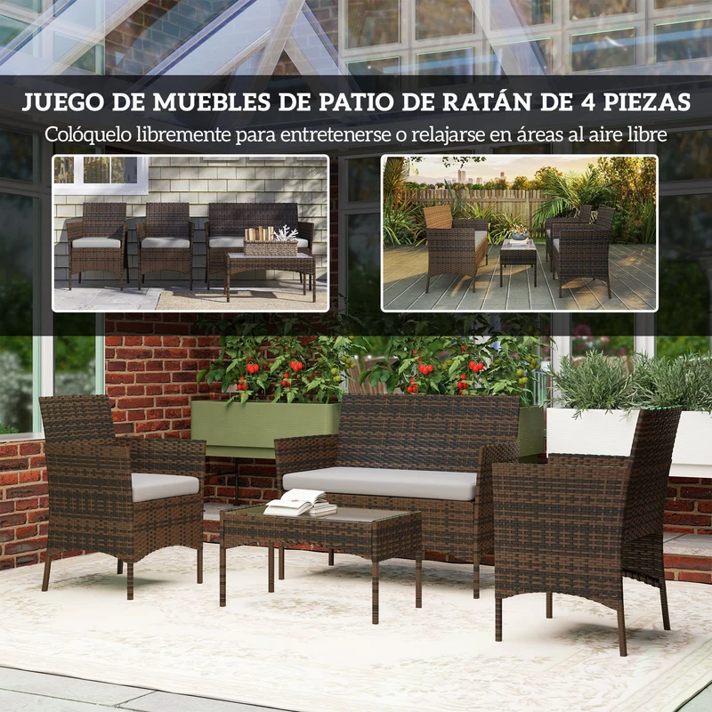 Outsunny Conjunto Jardín Exterior de Ratán con Cojines Conjunto Terraza Resistente a la Intemperie Muebles Jardín Exterior con 2 Sillones Sofá de 2 Plazas Mesa con Cristal Marrón y Gris