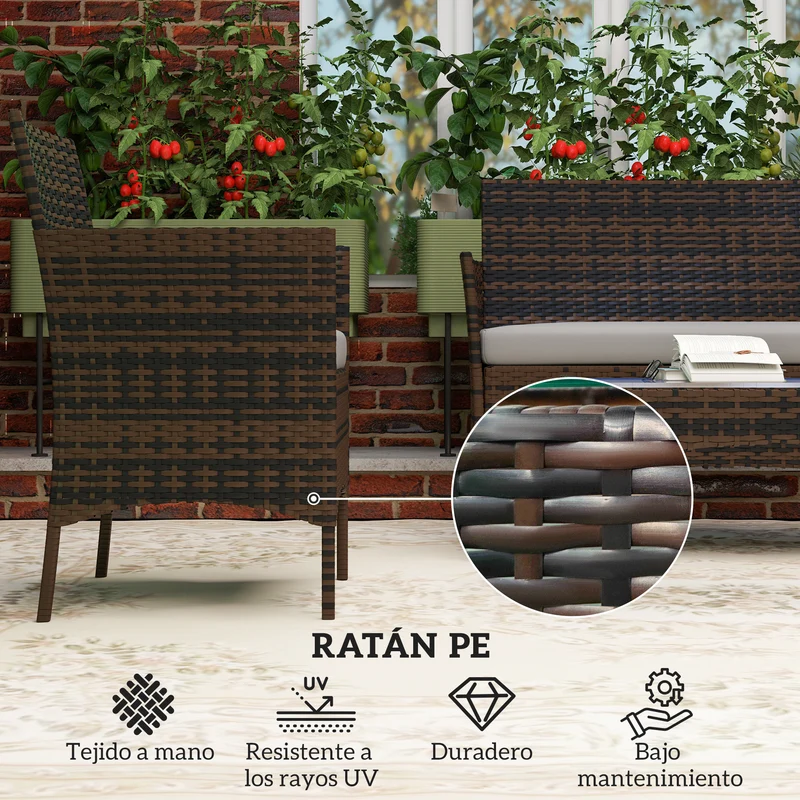 Outsunny Conjunto Jardín Exterior de Ratán con Cojines Conjunto Terraza Resistente a la Intemperie Muebles Jardín Exterior con 2 Sillones Sofá de 2 Plazas Mesa con Cristal Marrón y Gris