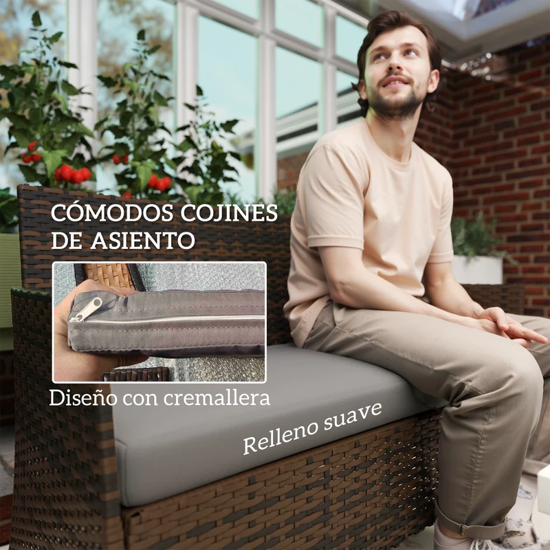 Outsunny Conjunto Jardín Exterior de Ratán con Cojines Conjunto Terraza Resistente a la Intemperie Muebles Jardín Exterior con 2 Sillones Sofá de 2 Plazas Mesa con Cristal Marrón y Gris