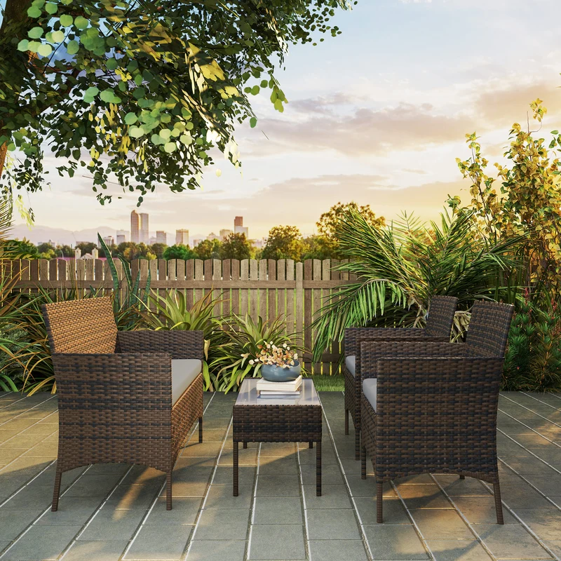 Outsunny Conjunto Jardín Exterior de Ratán con Cojines Conjunto Terraza Resistente a la Intemperie Muebles Jardín Exterior con 2 Sillones Sofá de 2 Plazas Mesa con Cristal Marrón y Gris