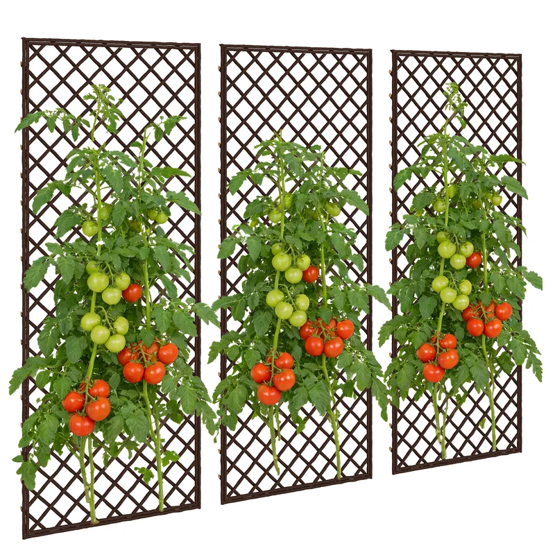 Outsunny Juego de 3 Enrejados de Jardín de Mimbre, Soportes para Plantas Trepadoras con Parte Superior Plana, para Frutas, Verduras, Flores, Decoración Exterior para Patio, 43x112 cm, Madera Natural