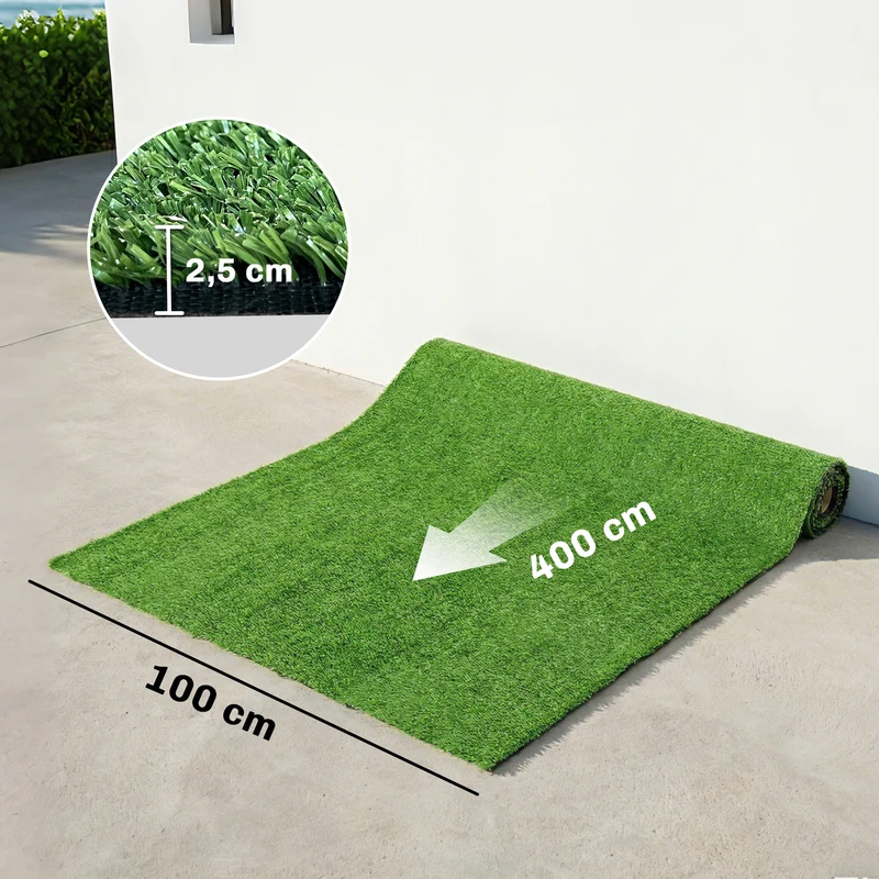 Outsunny Césped Artificial 1m x 4m, Alfombra Césped Artificial con Altura de Hierba 10 mm, Drenaje Automático, para Jardín, Terraza, Patio, Balcón, Interior y Exterior, Verde