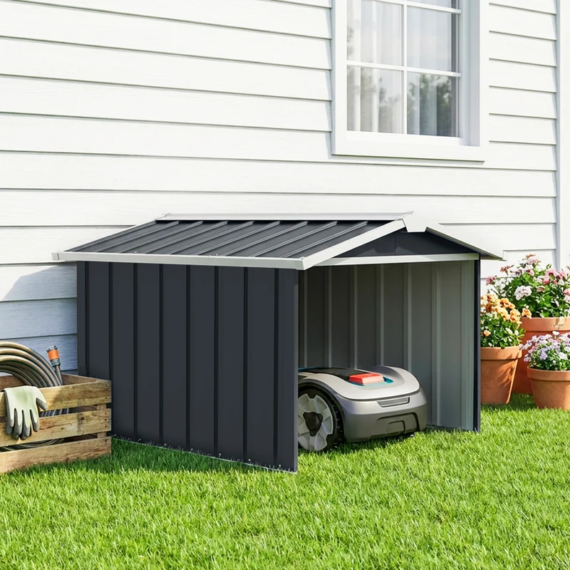 Outsunny Garaje para Robot Cortacésped de Acero Galvanizado con Techo Dos Aguas, Caseta para Robot Cortacésped, 87x103x66 cm, para Jardín, Exterior, Césped, Gris Oscuro