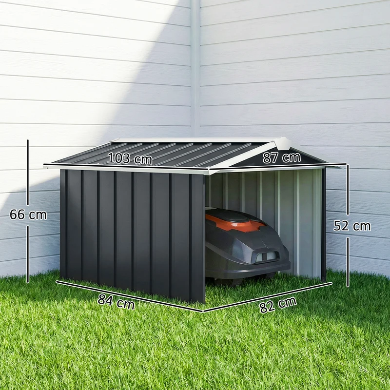 Outsunny Garaje para Robot Cortacésped de Acero Galvanizado con Techo Dos Aguas, Caseta para Robot Cortacésped, 87x103x66 cm, para Jardín, Exterior, Césped, Gris Oscuro