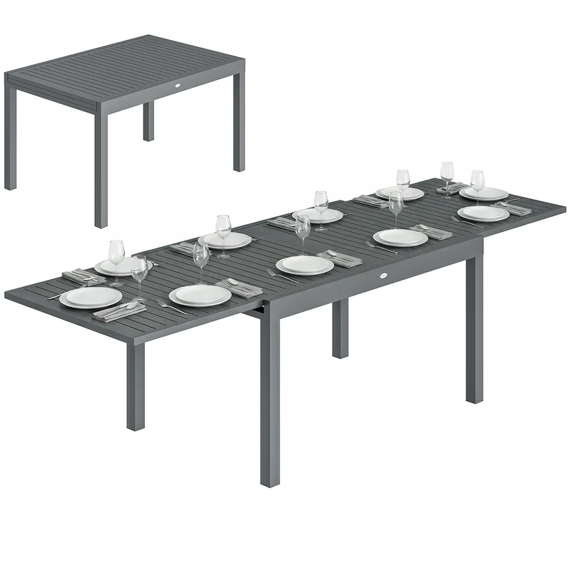 Outsunny Mesa de Jardín Extensible 135/270x90 cm, Mesa de Comedor Exterior Extensible Rectangular de Aluminio, con Superficie de Lamas para 6-10 Personas, para Patio, Terraza, Gris Oscuro