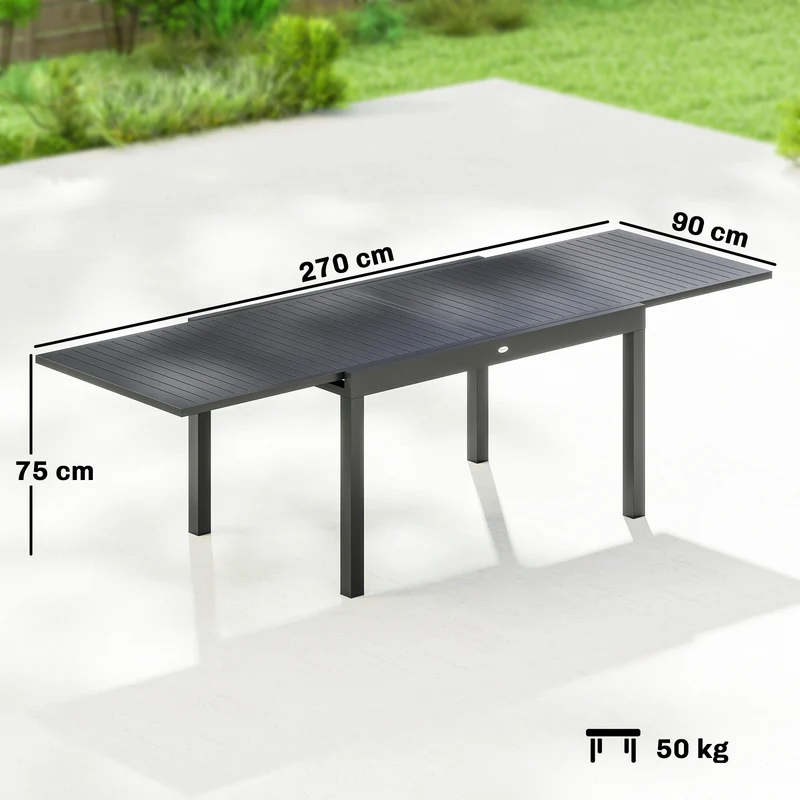 Outsunny Mesa de Jardín Extensible 135/270x90 cm, Mesa de Comedor Exterior Extensible Rectangular de Aluminio, con Superficie de Lamas para 6-10 Personas, para Patio, Terraza, Gris Oscuro
