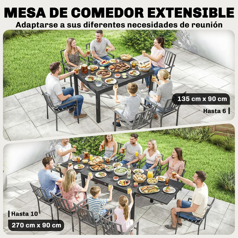Outsunny Mesa de Jardín Extensible 135/270x90 cm, Mesa de Comedor Exterior Extensible Rectangular de Aluminio, con Superficie de Lamas para 6-10 Personas, para Patio, Terraza, Gris Oscuro