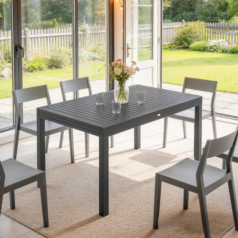 Outsunny Mesa de Jardín Extensible 135/270x90 cm, Mesa de Comedor Exterior Extensible Rectangular de Aluminio, con Superficie de Lamas para 6-10 Personas, para Patio, Terraza, Gris Oscuro