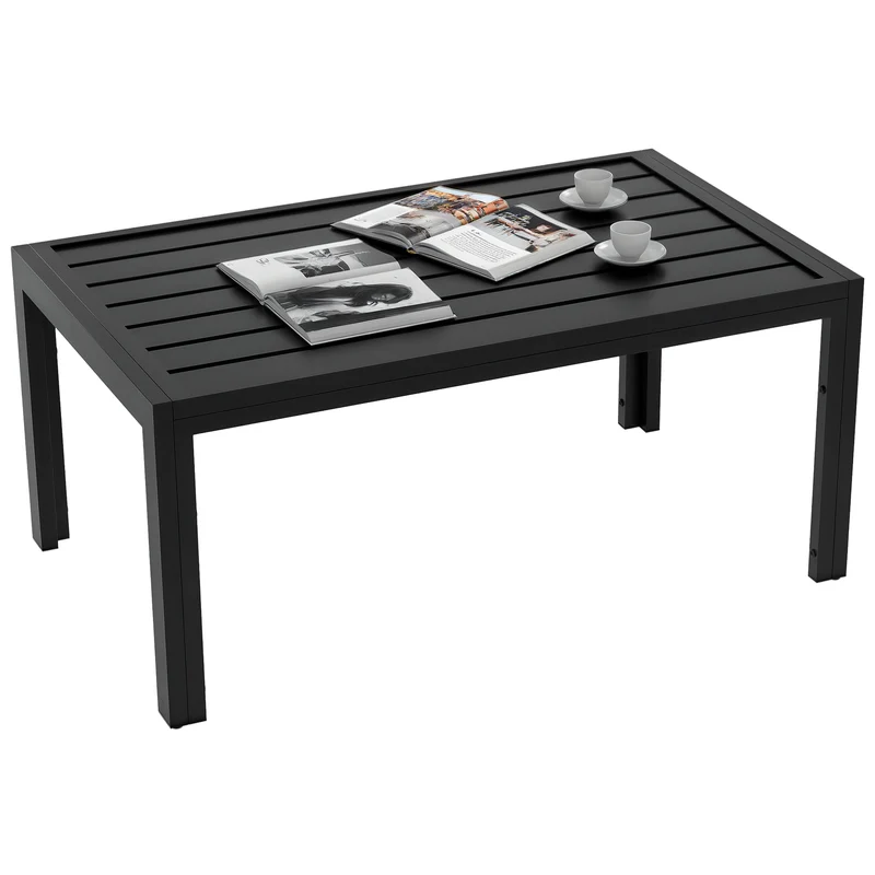 Outsunny Mesa de Centro de Jardín Rectangular, Mesa Auxiliar con Estructura de Acero Galvanizado y Superficie de Tablillas, Mesita de Café para Patio, Balcón, Terraza o Porche, Negro