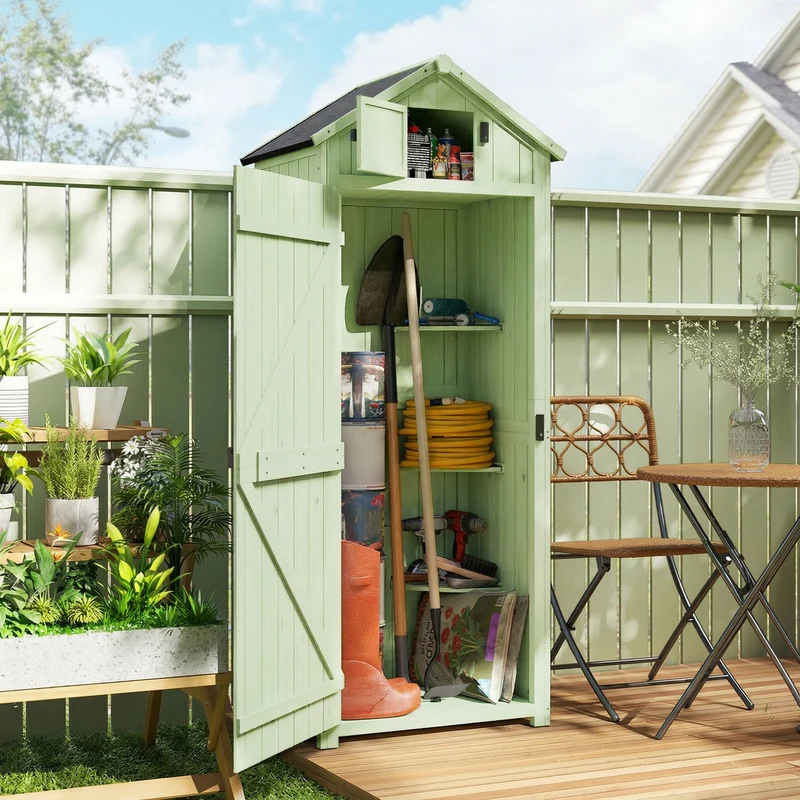 Outsunny Armario de Jardín de Madera 77x54,2x179 cm 0,3 m² Cobertizo para Almacenaje de Herramientas con 3 Estantes y 2 Puertas con Cerrojo para Patio Terraza Verde