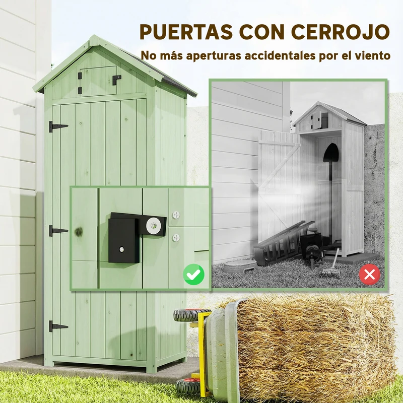 Outsunny Armario de Jardín de Madera 77x54,2x179 cm 0,3 m² Cobertizo para Almacenaje de Herramientas con 3 Estantes y 2 Puertas con Cerrojo para Patio Terraza Verde