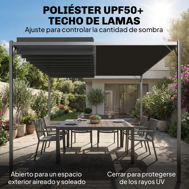 Outsunny Pérgola de Jardín 3x4 m, Cenador de Jardín con Techo de Lamas Orientables, Estructura de Metal, Protección UPF50+, Pabellón para Exterior, Patio, Terraza, Gris Oscuro