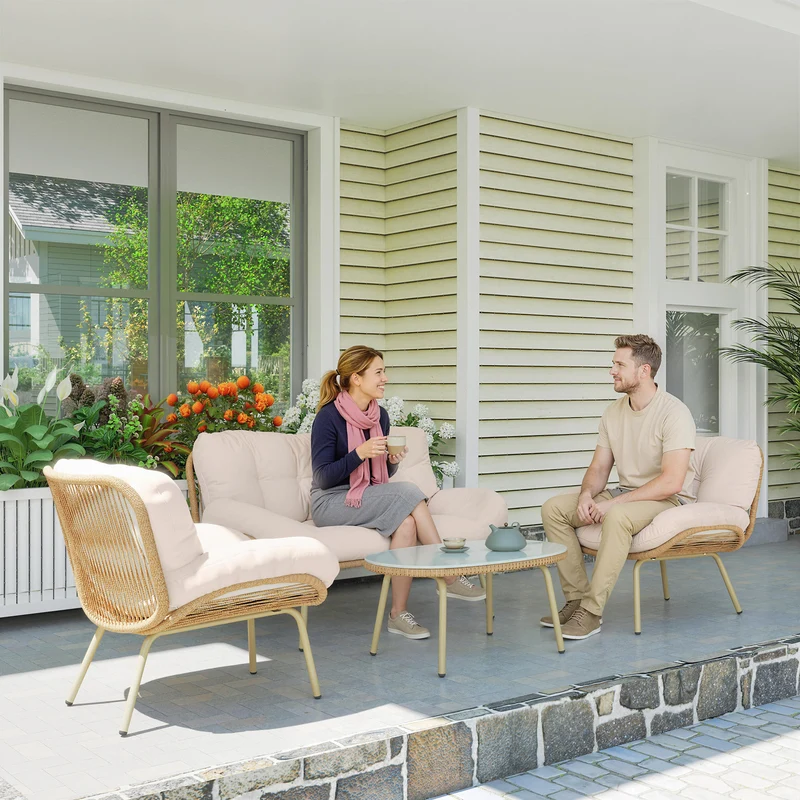 Outsunny Conjunto de Jardín Exterior de Ratán, Muebles Jardín Exterior 4 Piezas, con Cojines, Sofá Doble, 2 Sillones y Mesa de Centro de Cristal, Estructura de Metal, Beige