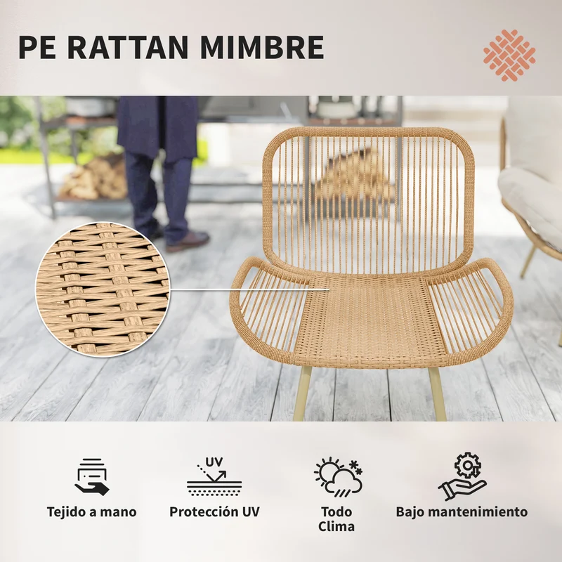 Outsunny Conjunto de Jardín Exterior de Ratán, Muebles Jardín Exterior 4 Piezas, con Cojines, Sofá Doble, 2 Sillones y Mesa de Centro de Cristal, Estructura de Metal, Beige