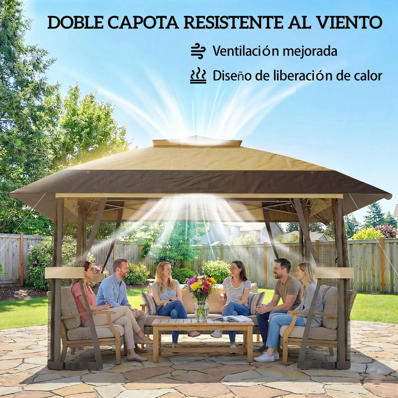 Outsunny Carpa Plegable 4x4 m, Pop-up, con Doble Techo, 4 Paredes Laterales de Malla, Cenador de Jardín con Altura Ajustable 3 Niveles, Bolsa de Transporte, UPF30+, Gazebo para Camping, Fiestas, Caqui