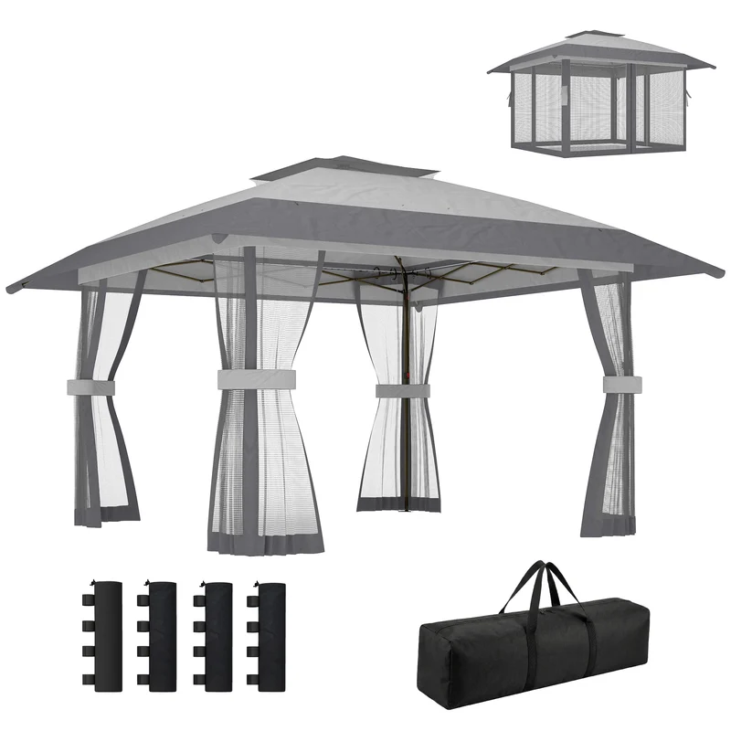 Outsunny Carpa Plegable 4x4 m, Pop-up, con Doble Techo, 4 Paredes Laterales de Malla, Cenador de Jardín con Altura Ajustable 3 Niveles, Bolsa de Transporte, UPF30+, Gazebo para Camping, Fiestas, Gris