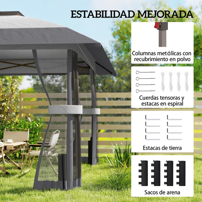 Outsunny Carpa Plegable 4x4 m, Pop-up, con Doble Techo, 4 Paredes Laterales de Malla, Cenador de Jardín con Altura Ajustable 3 Niveles, Bolsa de Transporte, UPF30+, Gazebo para Camping, Fiestas, Gris
