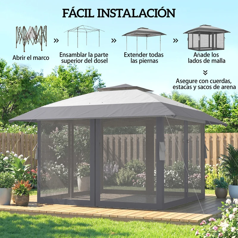 Outsunny Carpa Plegable 4x4 m, Pop-up, con Doble Techo, 4 Paredes Laterales de Malla, Cenador de Jardín con Altura Ajustable 3 Niveles, Bolsa de Transporte, UPF30+, Gazebo para Camping, Fiestas, Gris